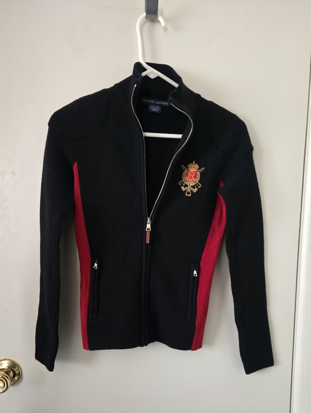 Ralph Lauren Navy & Red Zip-Front Crest Knit Jacket